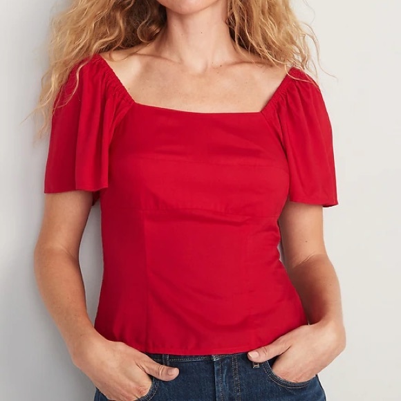 NWT! Old Navy Flutter-Sleeve Smocked Top (Red) - Picture 3 of 8